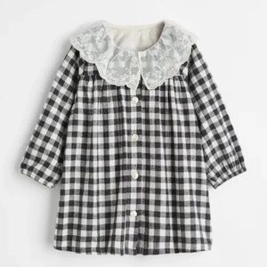 H&M Black White Gingham Dress Lace Collar Button Down